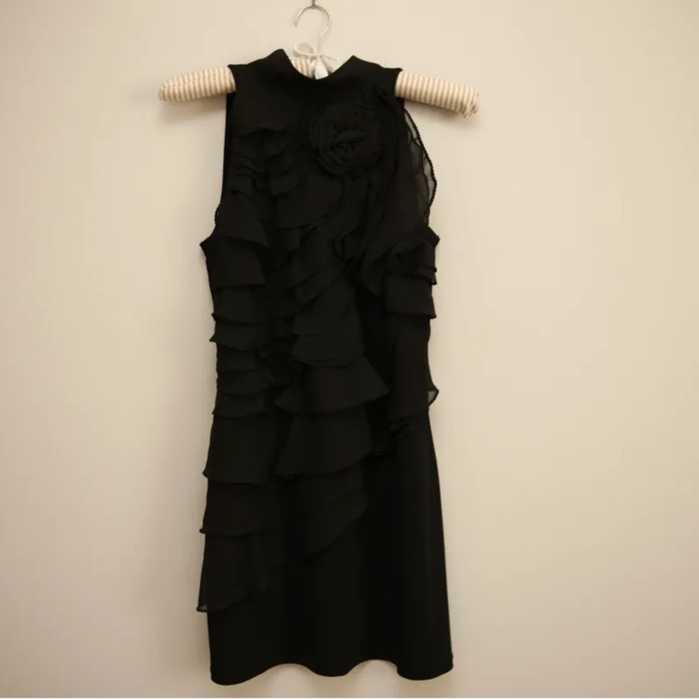 Black Sleeveless Ruffled Shift Dress with Floral Detail